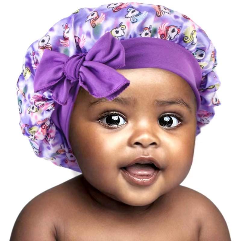 New Kids Satin Bonnet with Band Tie Hair Scarf Adjustable Flower Printed Silky Sleep Cap Wide Band Sleeping Cap for Toddler - Gorgeous Strands Retail