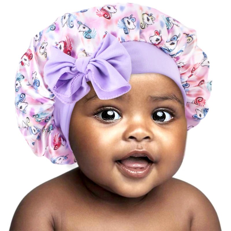 New Kids Satin Bonnet with Band Tie Hair Scarf Adjustable Flower Printed Silky Sleep Cap Wide Band Sleeping Cap for Toddler - Gorgeous Strands Retail