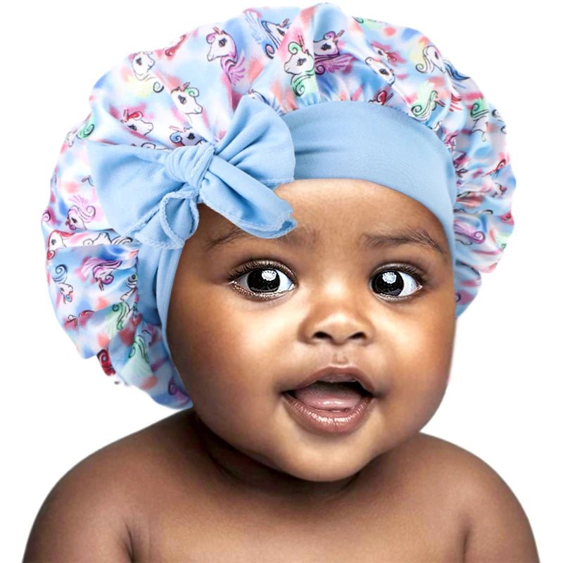 New Kids Satin Bonnet with Band Tie Hair Scarf Adjustable Flower Printed Silky Sleep Cap Wide Band Sleeping Cap for Toddler - Gorgeous Strands Retail