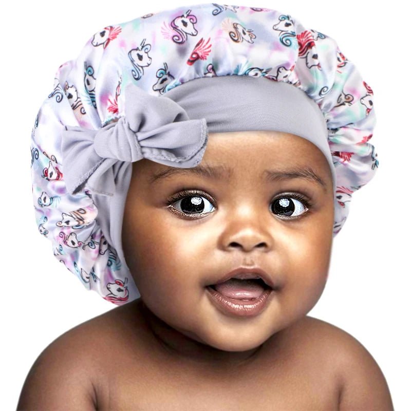 New Kids Satin Bonnet with Band Tie Hair Scarf Adjustable Flower Printed Silky Sleep Cap Wide Band Sleeping Cap for Toddler - Gorgeous Strands Retail