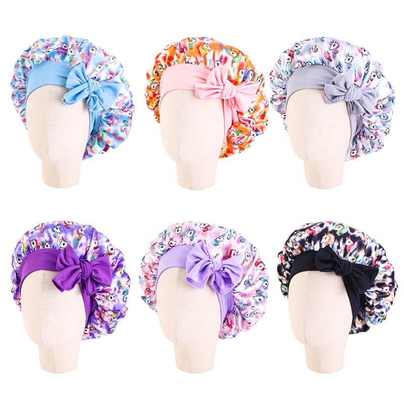 New Kids Satin Bonnet with Band Tie Hair Scarf Adjustable Flower Printed Silky Sleep Cap Wide Band Sleeping Cap for Toddler - Gorgeous Strands Retail