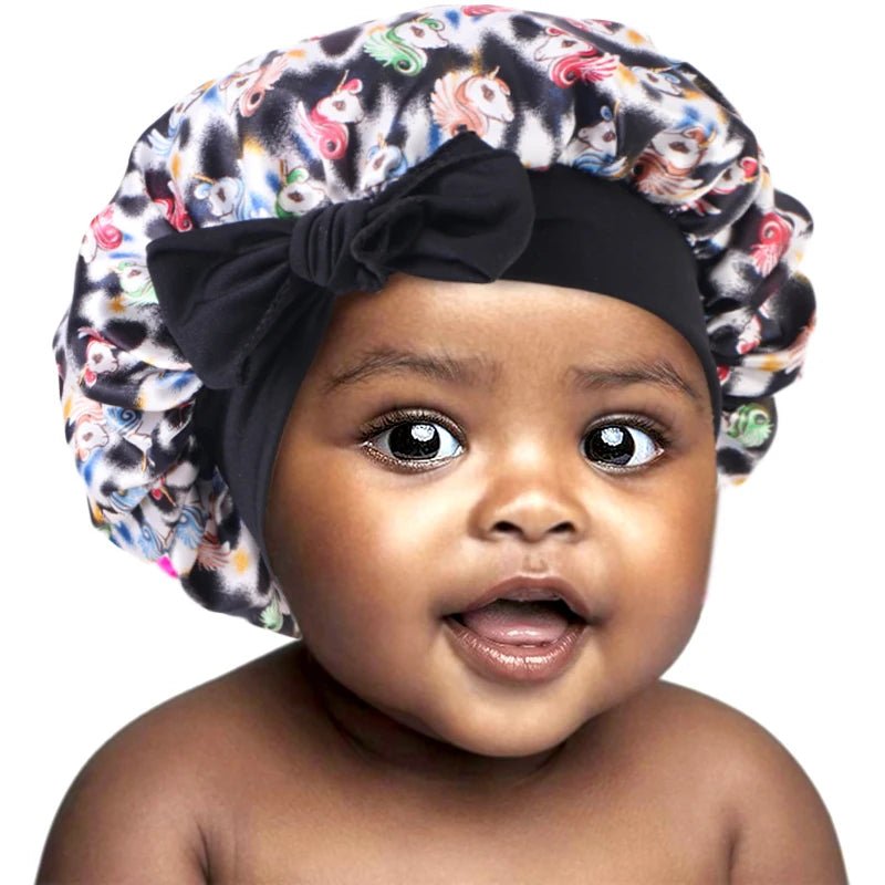 New Kids Satin Bonnet with Band Tie Hair Scarf Adjustable Flower Printed Silky Sleep Cap Wide Band Sleeping Cap for Toddler - Gorgeous Strands Retail