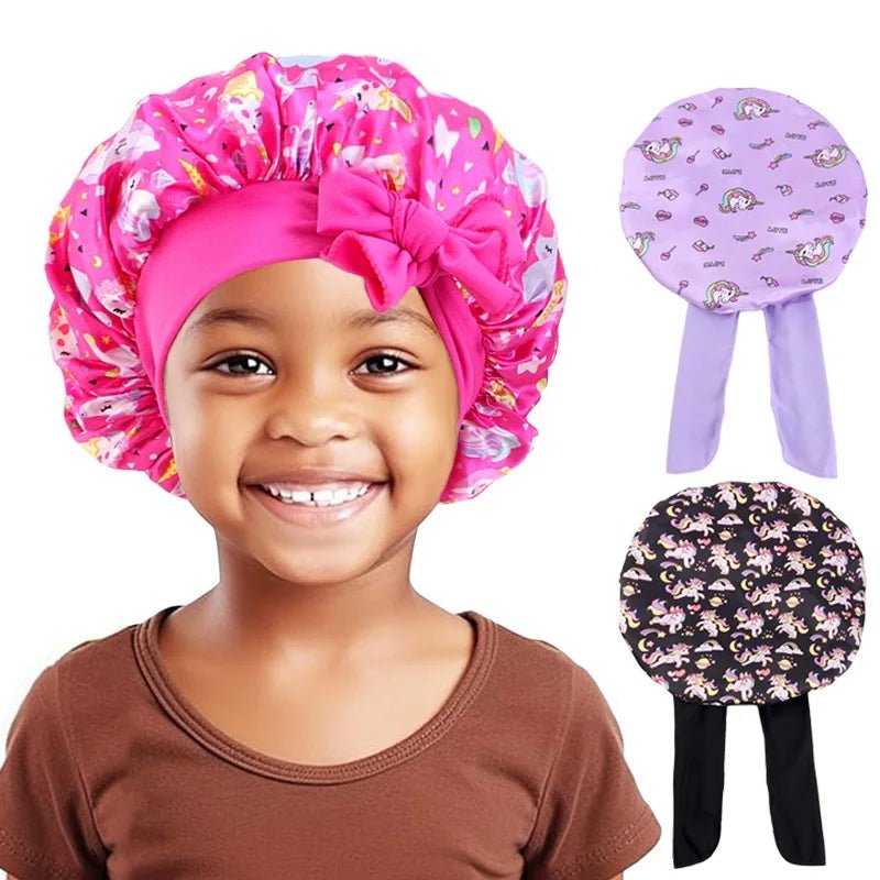 New Kids Unicorn Pattern Satin Bonnet Wide Elastic Band Sleeping Cap for Curly Natural Hair Child Night Caps Toddler Shower Cap - Gorgeous Strands Retail