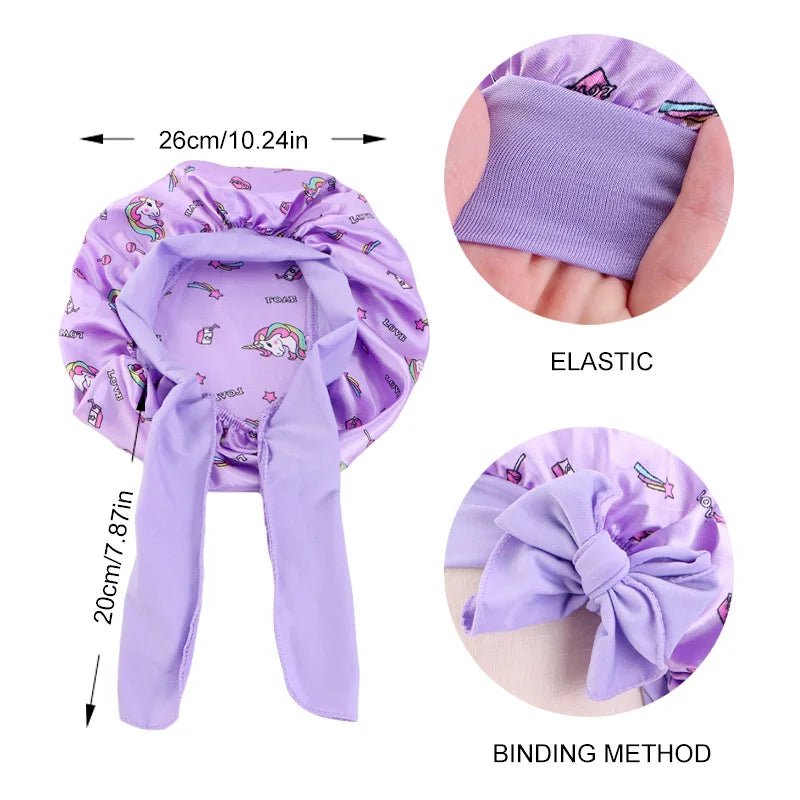 New Kids Unicorn Pattern Satin Bonnet Wide Elastic Band Sleeping Cap for Curly Natural Hair Child Night Caps Toddler Shower Cap - Gorgeous Strands Retail